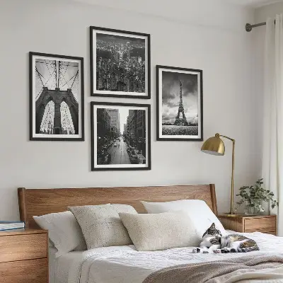 Set de cuadros modernos para salón diseño de torres de puente en blanco y negro