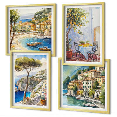 Set de 4 cuadros para salón Acuarela de pueblos italianos