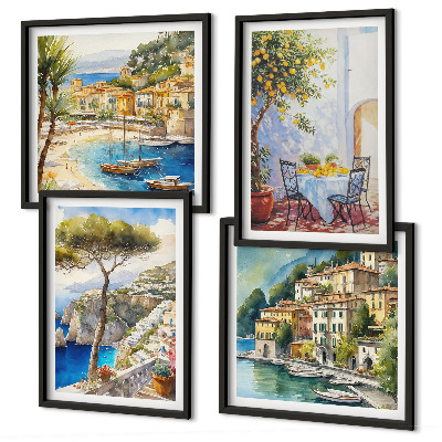 Set de 4 cuadros para salón Acuarela de pueblos italianos