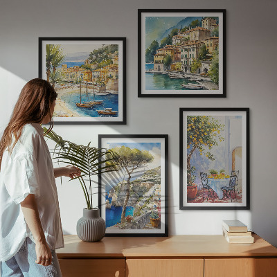 Set de 4 cuadros para salón Acuarela de pueblos italianos