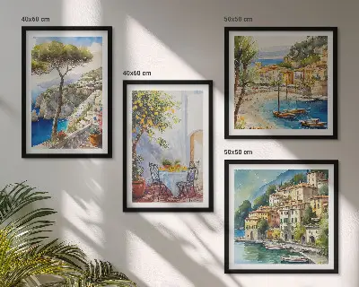 Set de 4 cuadros de acuarelas de pueblos italianos decoración para salón