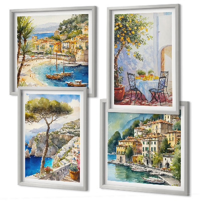 Set de 4 cuadros para salón Acuarela de pueblos italianos