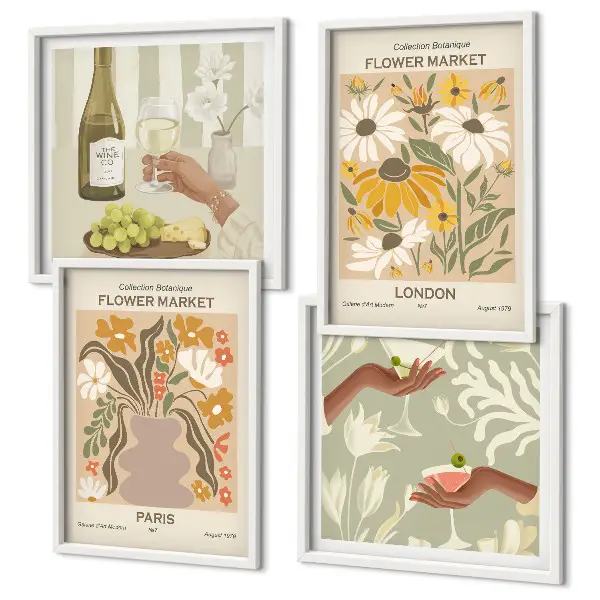 Set de 4 cuadros para salón con diseños florales de ciudades europeas