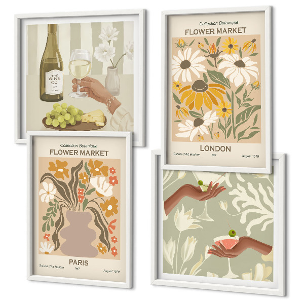 Set de 4 cuadros para salón Diseños florales de ciudades europeas