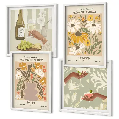 Set de 4 cuadros para salón con diseños florales de ciudades europeas