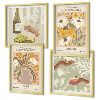 Set de 4 cuadros para salón con diseños florales de ciudades europeas
