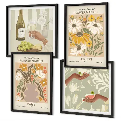 Set de 4 cuadros para salón con diseños florales de ciudades europeas