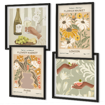 Set de 4 cuadros para salón Diseños florales de ciudades europeas