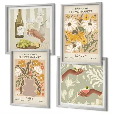 Set de 4 cuadros para salón con diseños florales de ciudades europeas