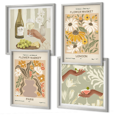 Set de 4 cuadros para salón Diseños florales de ciudades europeas