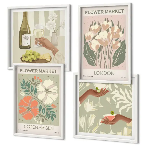 Set de cuadros modernos para salón con diseños de carteles florales de la ciudad del vino