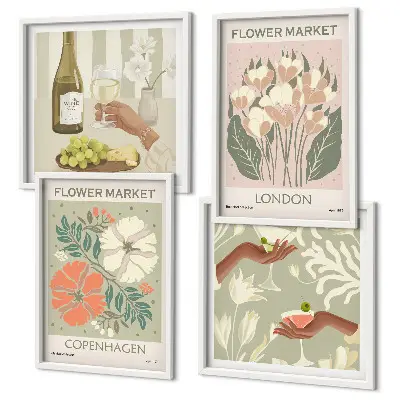 Set de cuadros modernos para salón con diseños de carteles florales de la ciudad del vino