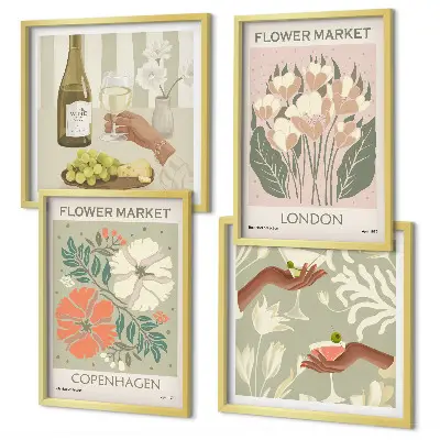 Set de cuadros modernos para salón con diseños de carteles florales de la ciudad del vino