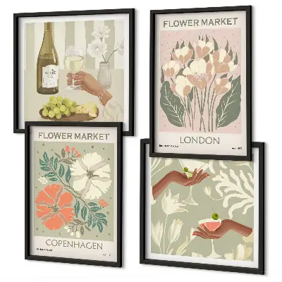 Set de cuadros modernos para salón con diseños de carteles florales de la ciudad del vino