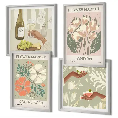 Set de cuadros modernos para salón con diseños de carteles florales de la ciudad del vino