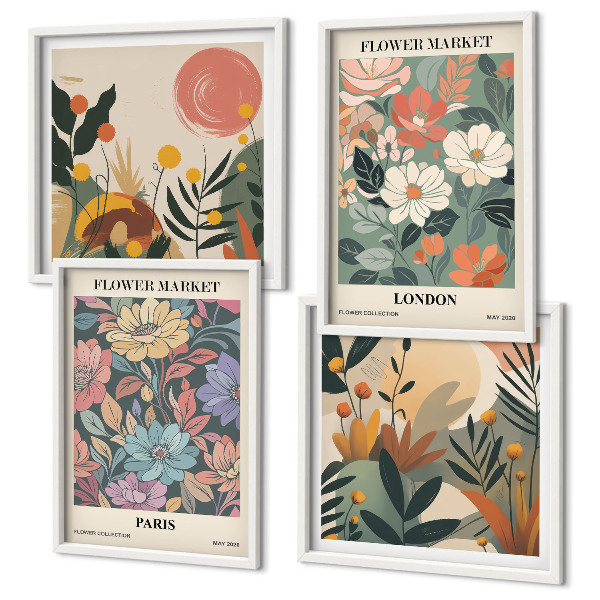 Set de 4 cuadros para salón Carteles florales París Londres