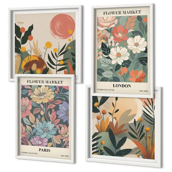 Set de 4 cuadros decorativos con motivos florales de París y Londres
