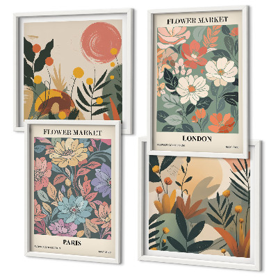 Set de 4 cuadros para salón Carteles florales París Londres