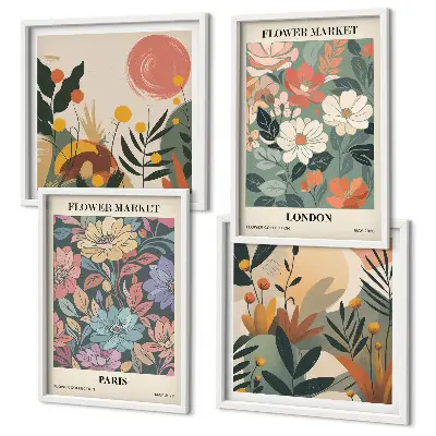 Set de 4 cuadros decorativos con motivos florales de París y Londres