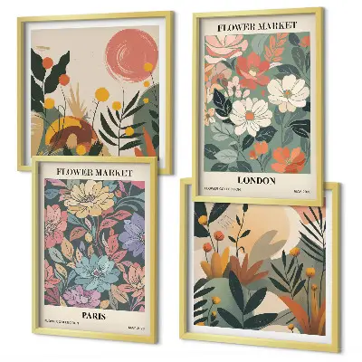 Set de 4 cuadros decorativos con motivos florales de París y Londres