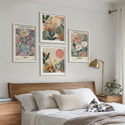 Set de 4 cuadros decorativos con motivos florales de París y Londres