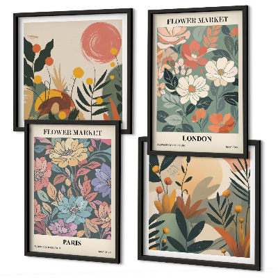 Set de 4 cuadros para salón Carteles florales París Londres