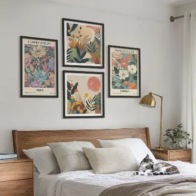 Set de 4 cuadros decorativos con motivos florales de París y Londres