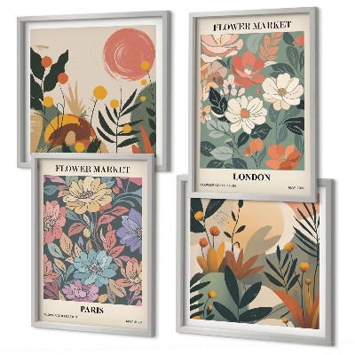 Set de 4 cuadros para salón Carteles florales París Londres