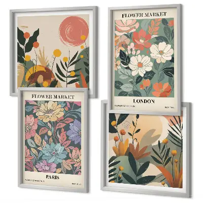 Set de 4 cuadros decorativos con motivos florales de París y Londres