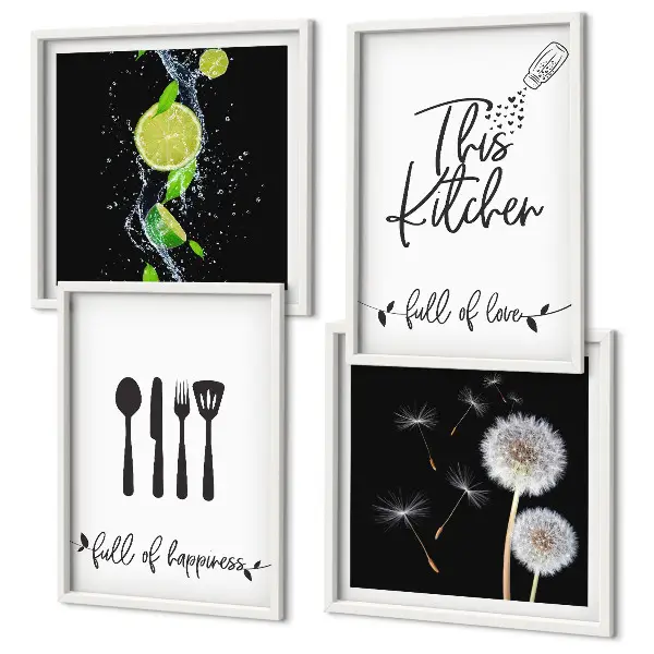 Galería de pared con inscripciones de cocina, dientes de león y limas