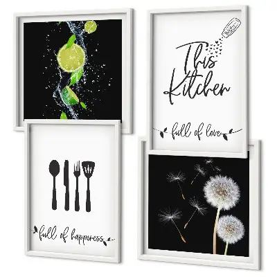 Galería de pared con inscripciones de cocina, dientes de león y limas