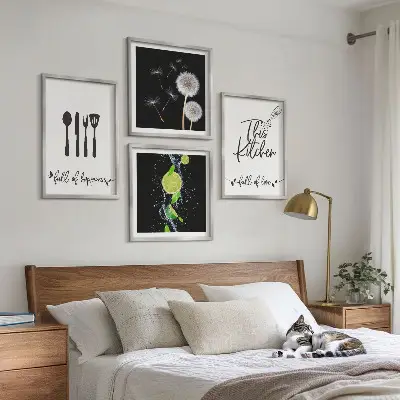 Galería de pared con inscripciones de cocina, dientes de león y limas