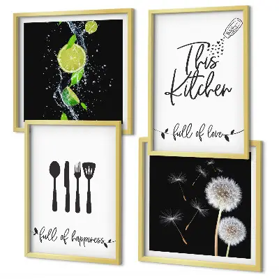Galería de pared con inscripciones de cocina, dientes de león y limas