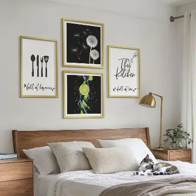 Galería de pared con inscripciones de cocina, dientes de león y limas