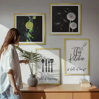 Galería de pared con inscripciones de cocina, dientes de león y limas