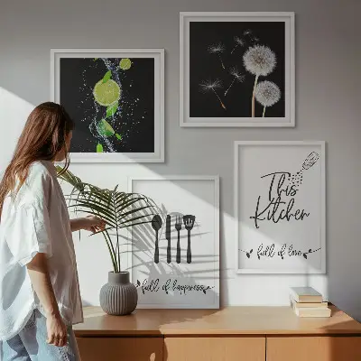 Galería de pared con inscripciones de cocina, dientes de león y limas