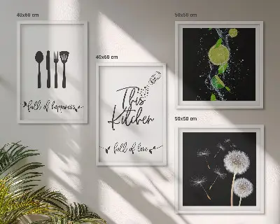 Galería de pared con inscripciones de cocina, dientes de león y limas