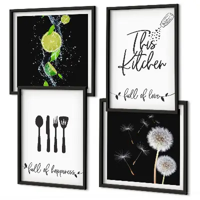 Galería de pared con inscripciones de cocina, dientes de león y limas