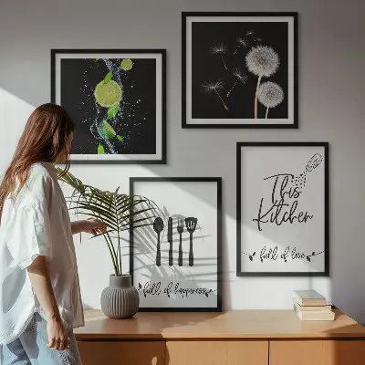 Galería de pared con inscripciones de cocina, dientes de león y limas