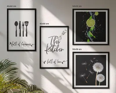 Galería de pared con inscripciones de cocina, dientes de león y limas