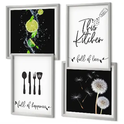 Galería de pared con inscripciones de cocina, dientes de león y limas