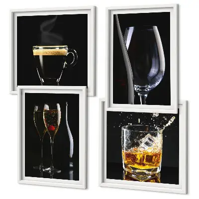 Set de cuadros modernos para salón con motivos de whisky, vino, champán y café