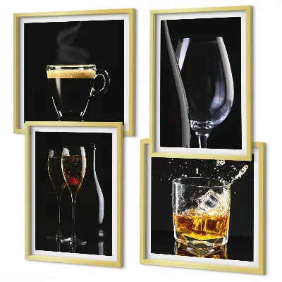 Set de cuadros modernos para salón con motivos de whisky, vino, champán y café