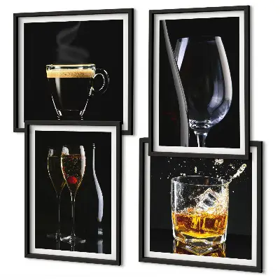 Set de cuadros modernos para salón con motivos de whisky, vino, champán y café