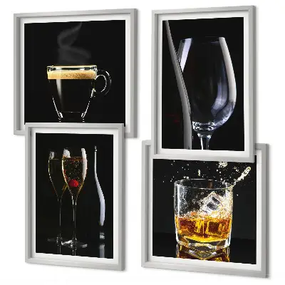 Set de cuadros modernos para salón con motivos de whisky, vino, champán y café