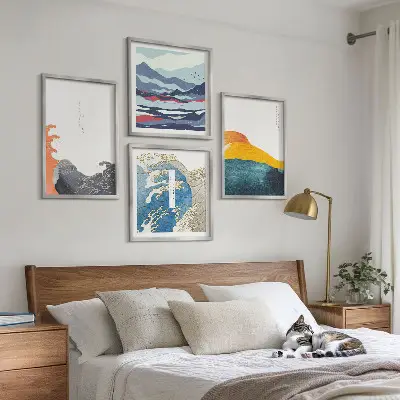 Set de 4 cuadros para salón con motivos de olas de arte japonés