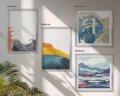 Set de 4 cuadros para salón con motivos de olas de arte japonés