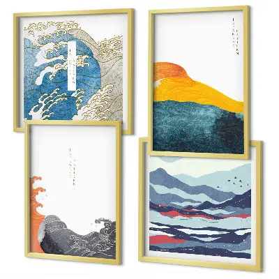 Set de 4 cuadros para salón con motivos de olas de arte japonés