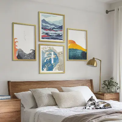 Set de 4 cuadros para salón con motivos de olas de arte japonés