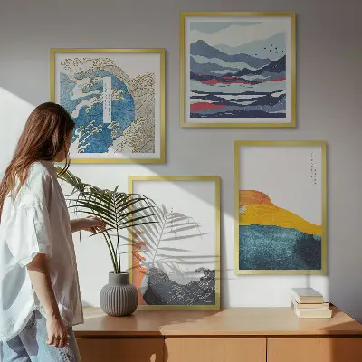 Set de 4 cuadros para salón con motivos de olas de arte japonés